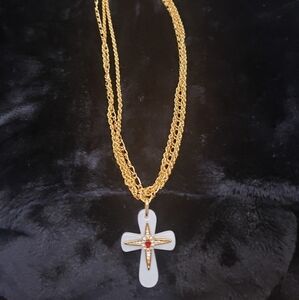 JBK Designer Signed Stone Cross Pendant on Long Ch